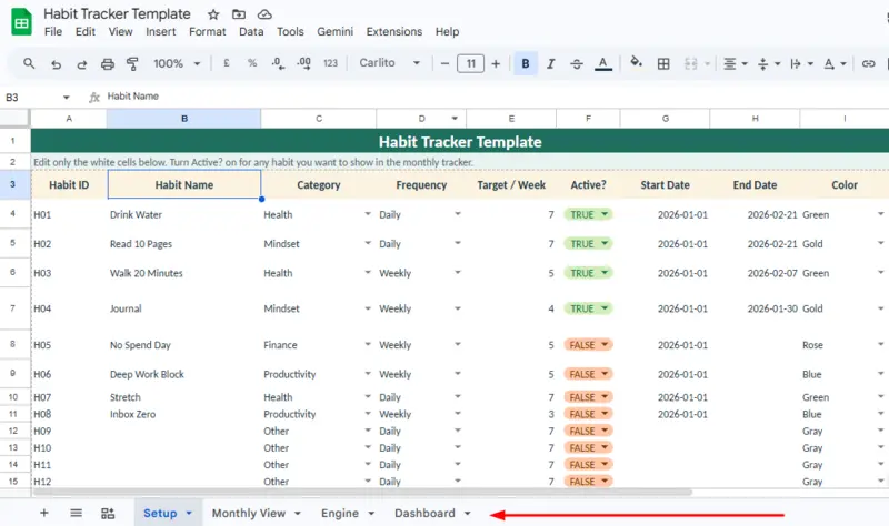 Google Sheets habit tracker template setup tab