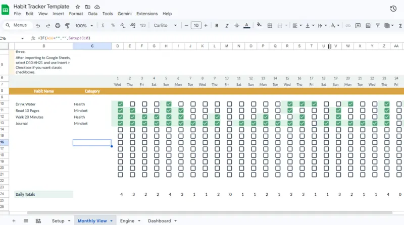 Google Sheets monthly habit tracker template in Google Sheets