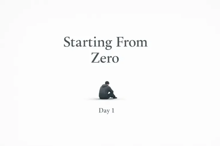 A lone man sitting quietly beneath the words ‘Starting From Zero – Day 1,’ symbolizing rebuilding life from scratch
