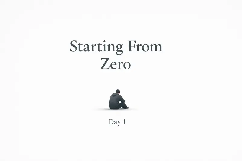 A lone man sitting quietly beneath the words ‘Starting From Zero – Day 1,’ symbolizing rebuilding life from scratch