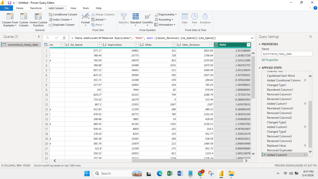 adding calculated roas column
