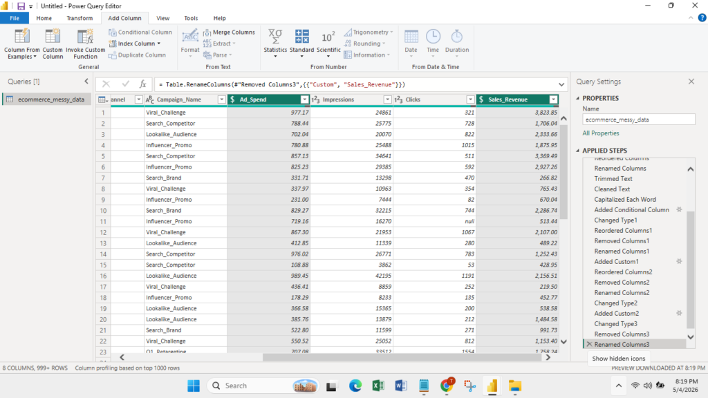 fixed ad spend and sales revenue column